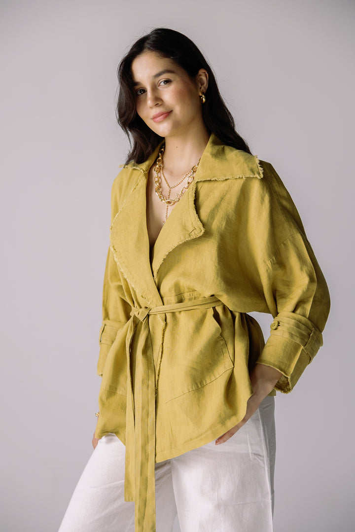 Raw linen cardigan in lime