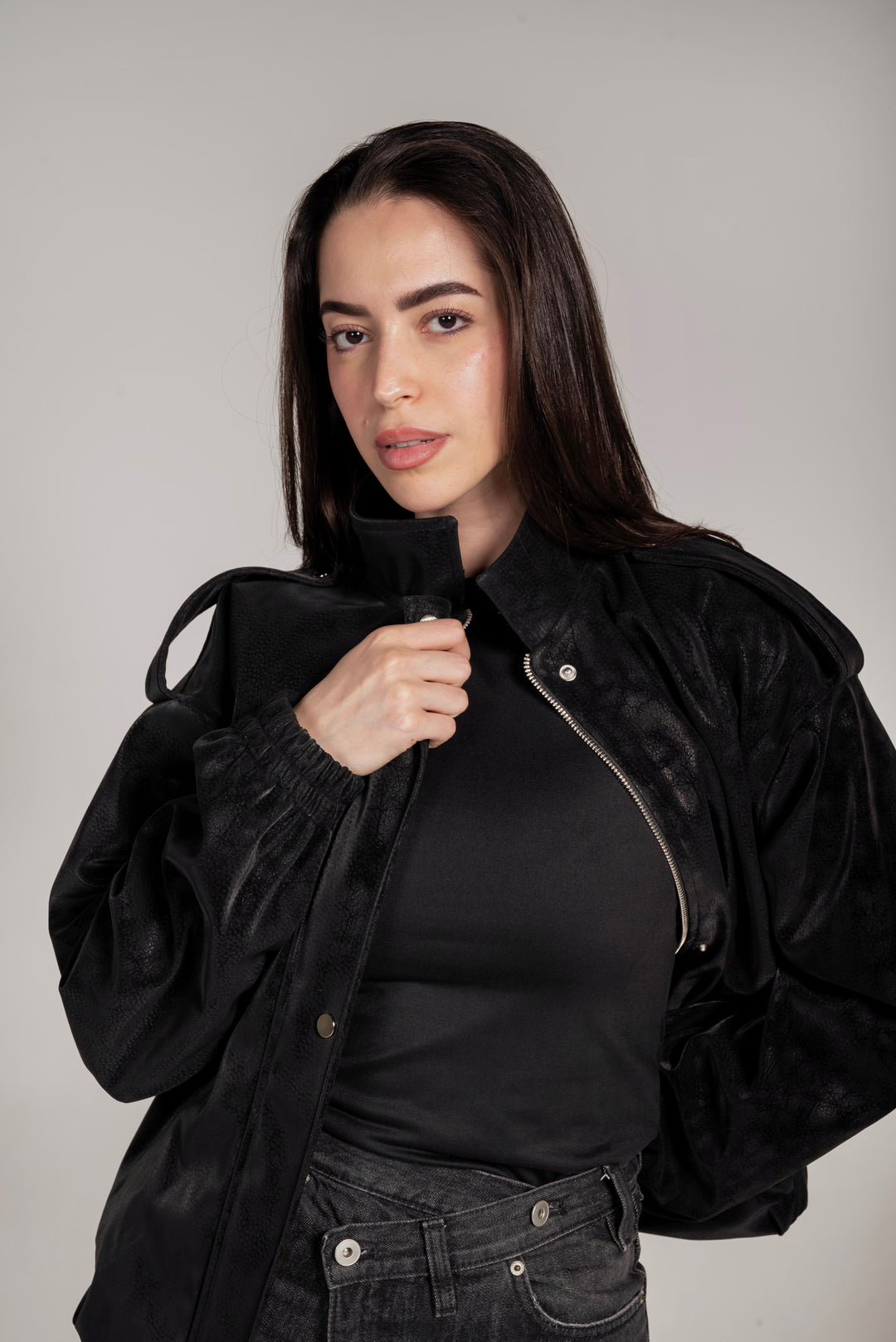 The Leather Bomber in Black