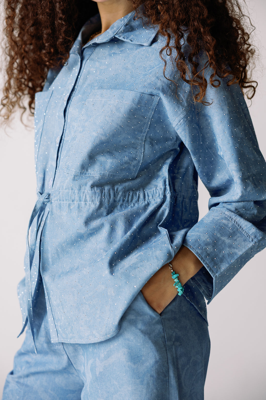 Studed denim set light blue