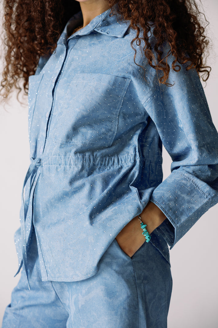 Studed denim set light blue