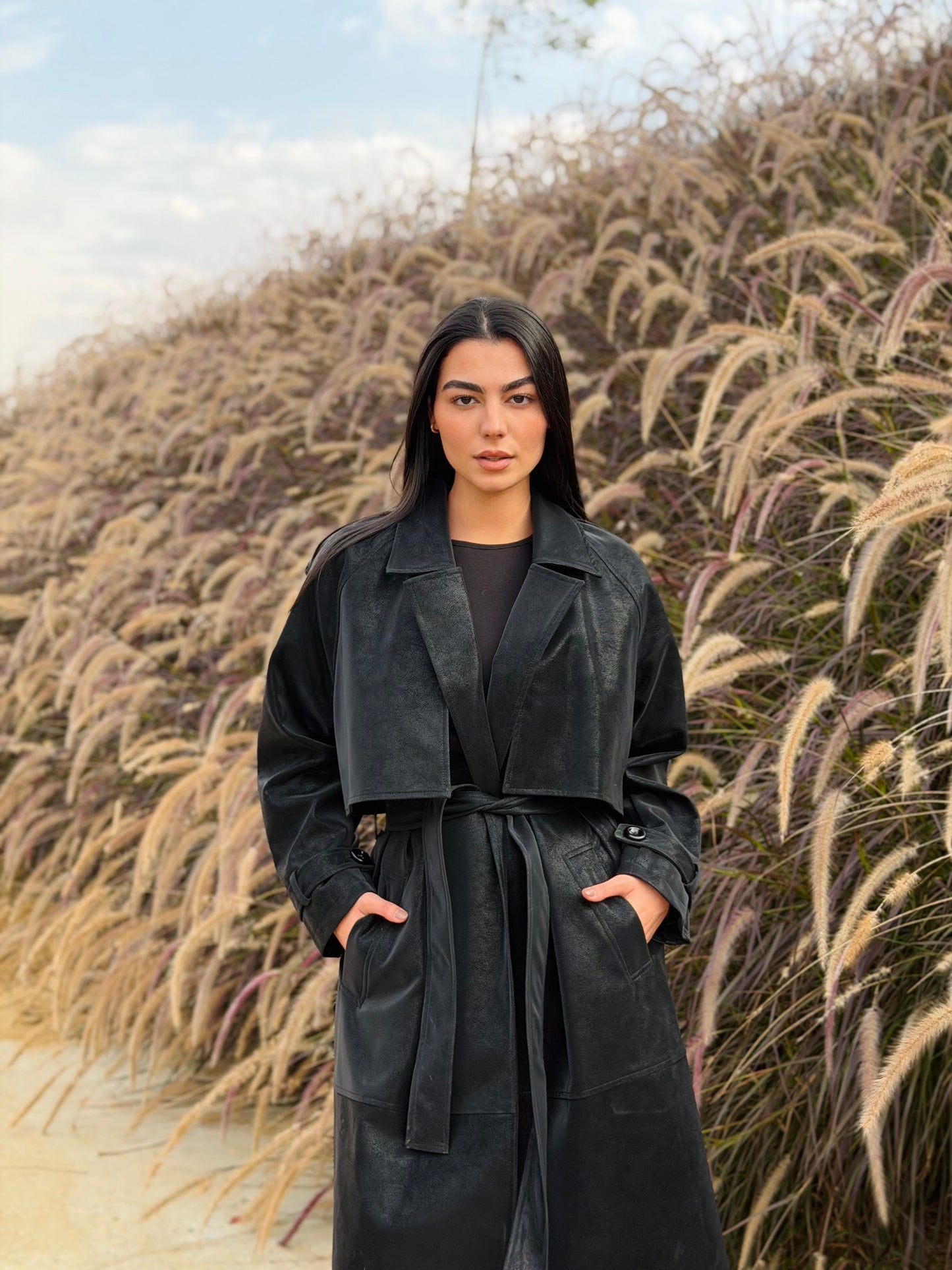 The Luxe Trench Coat In Black-sheen