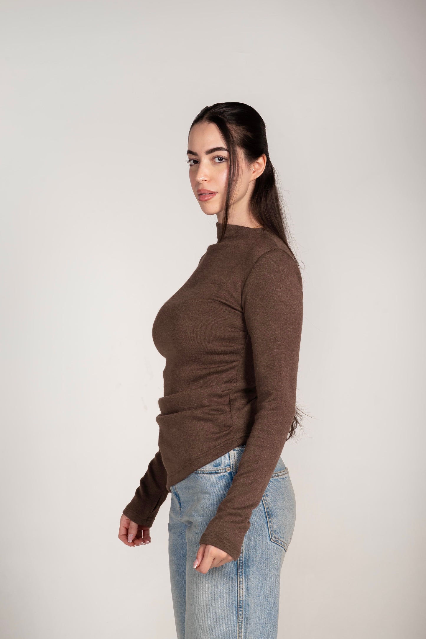 The Draped Soft Knit Top in Brown