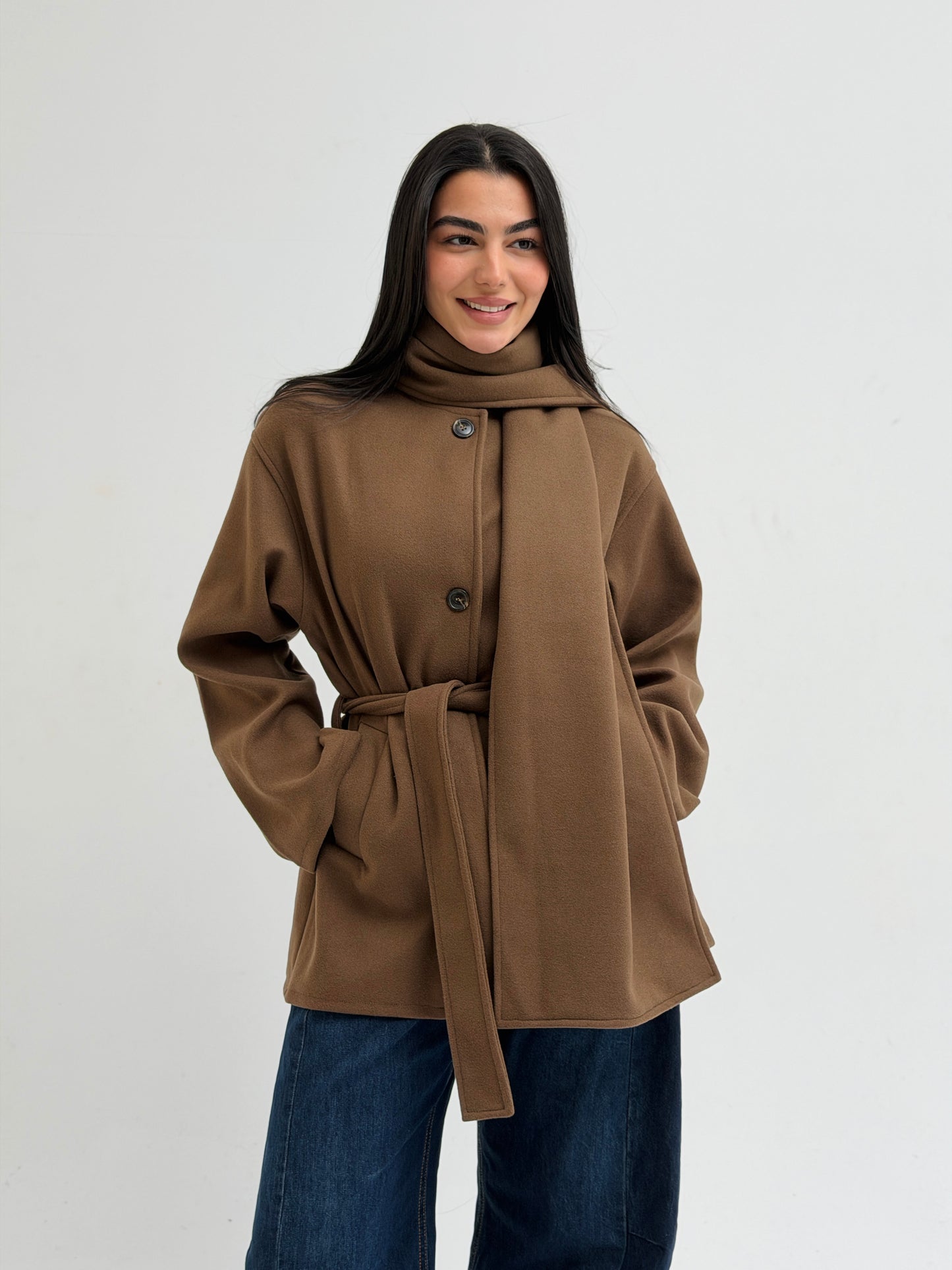 The shawl coat in brown