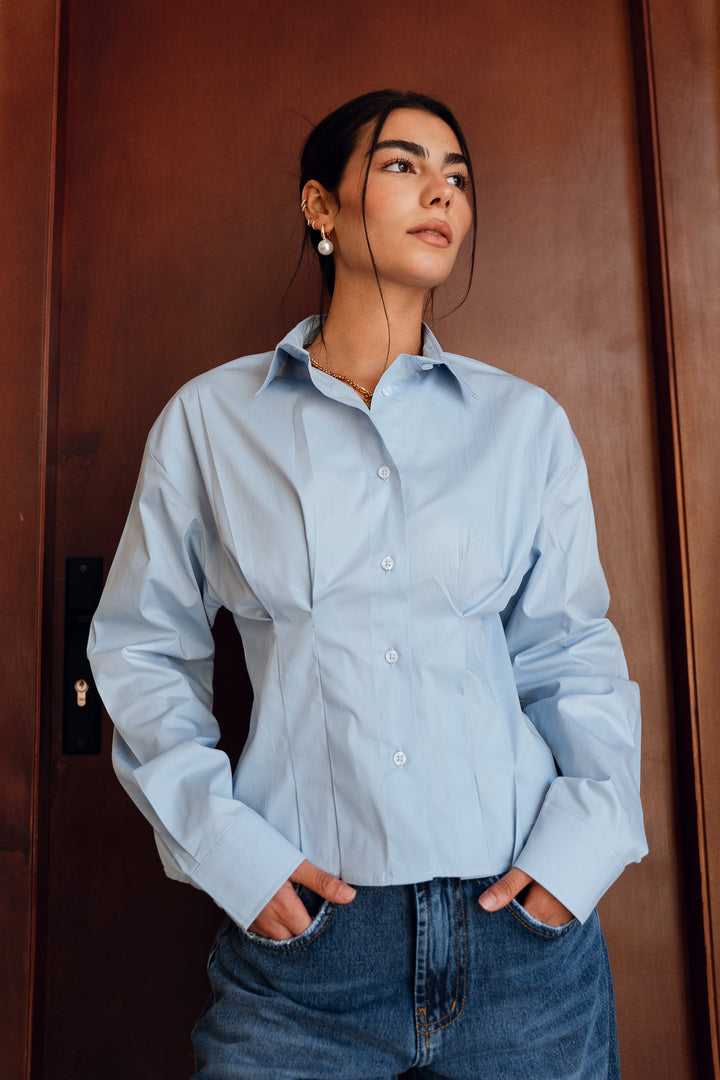 Popline flare shirt in light-blue