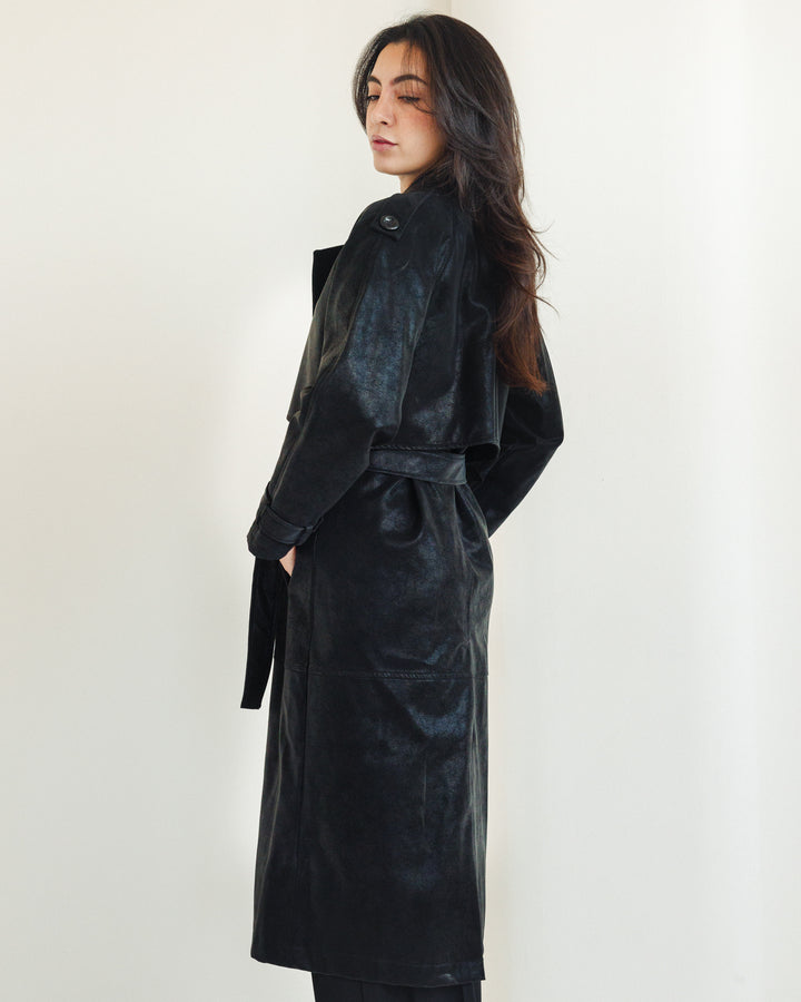 The Luxe Trench Coat In Black-sheen
