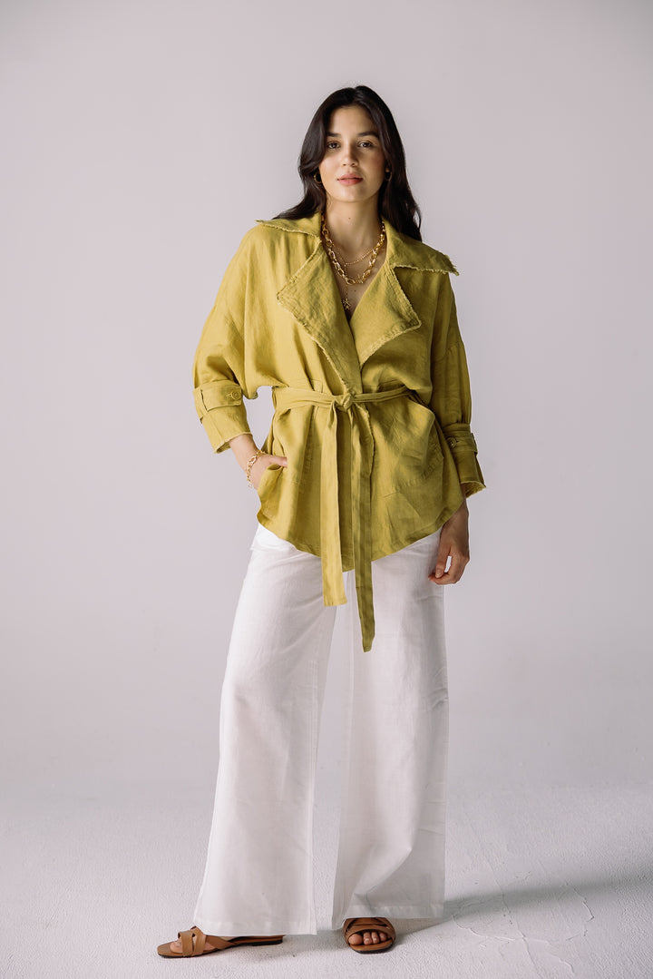 Raw linen cardigan in lime