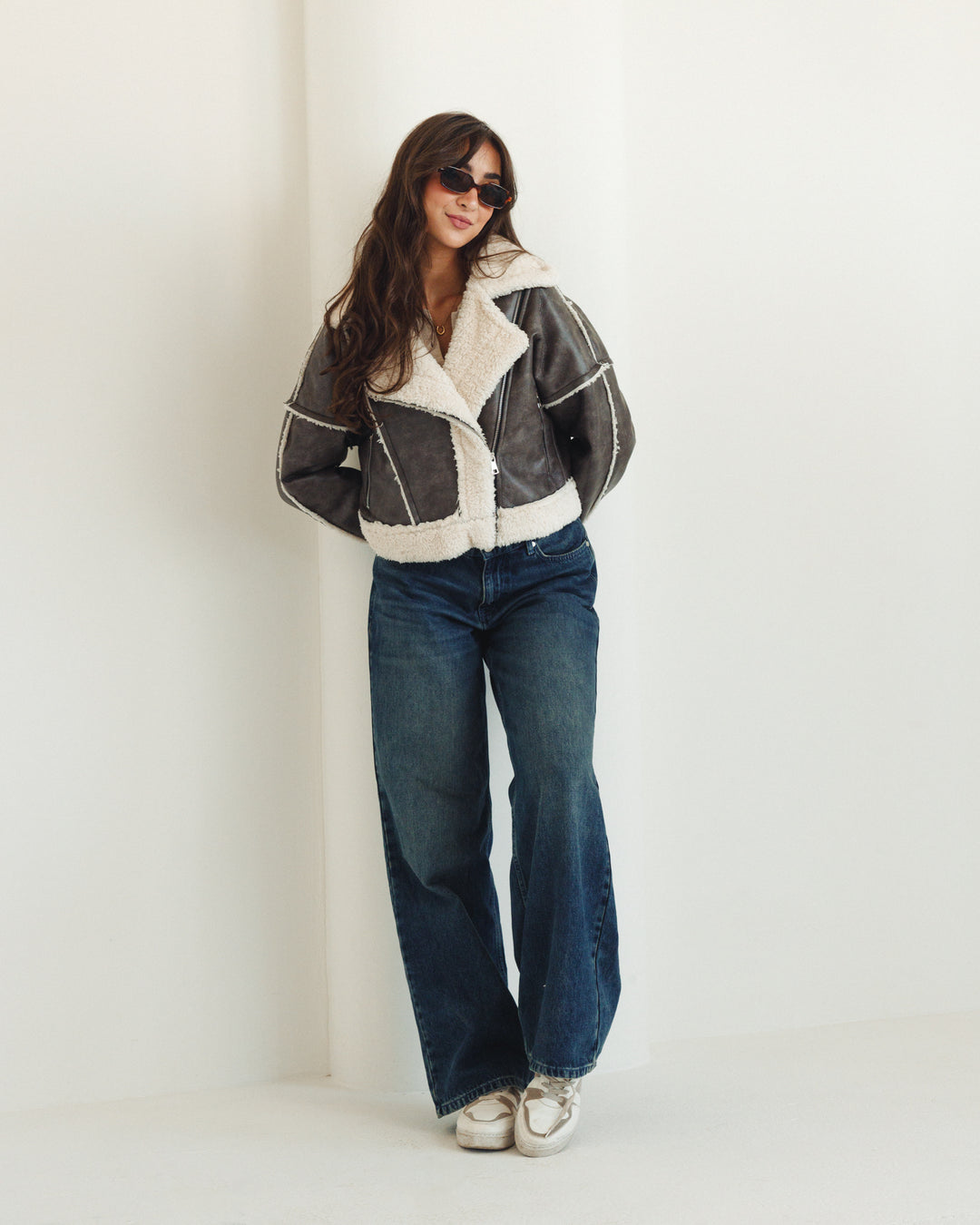 Cropped Shearling Leather Jacket in Greige