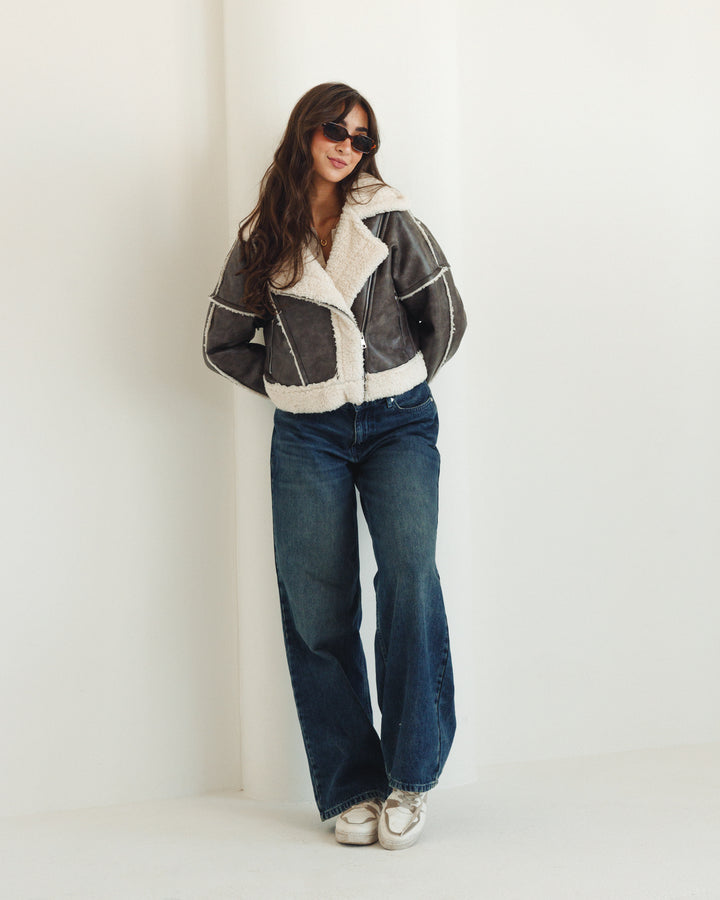 Cropped Shearling Leather Jacket in Greige