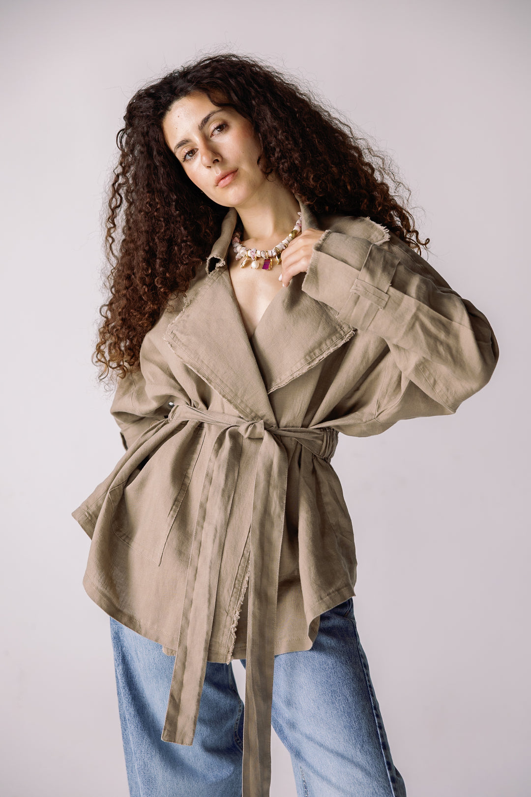Raw linen cardigan in mocha