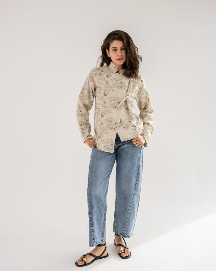 The kimono blouse-olive embroidered