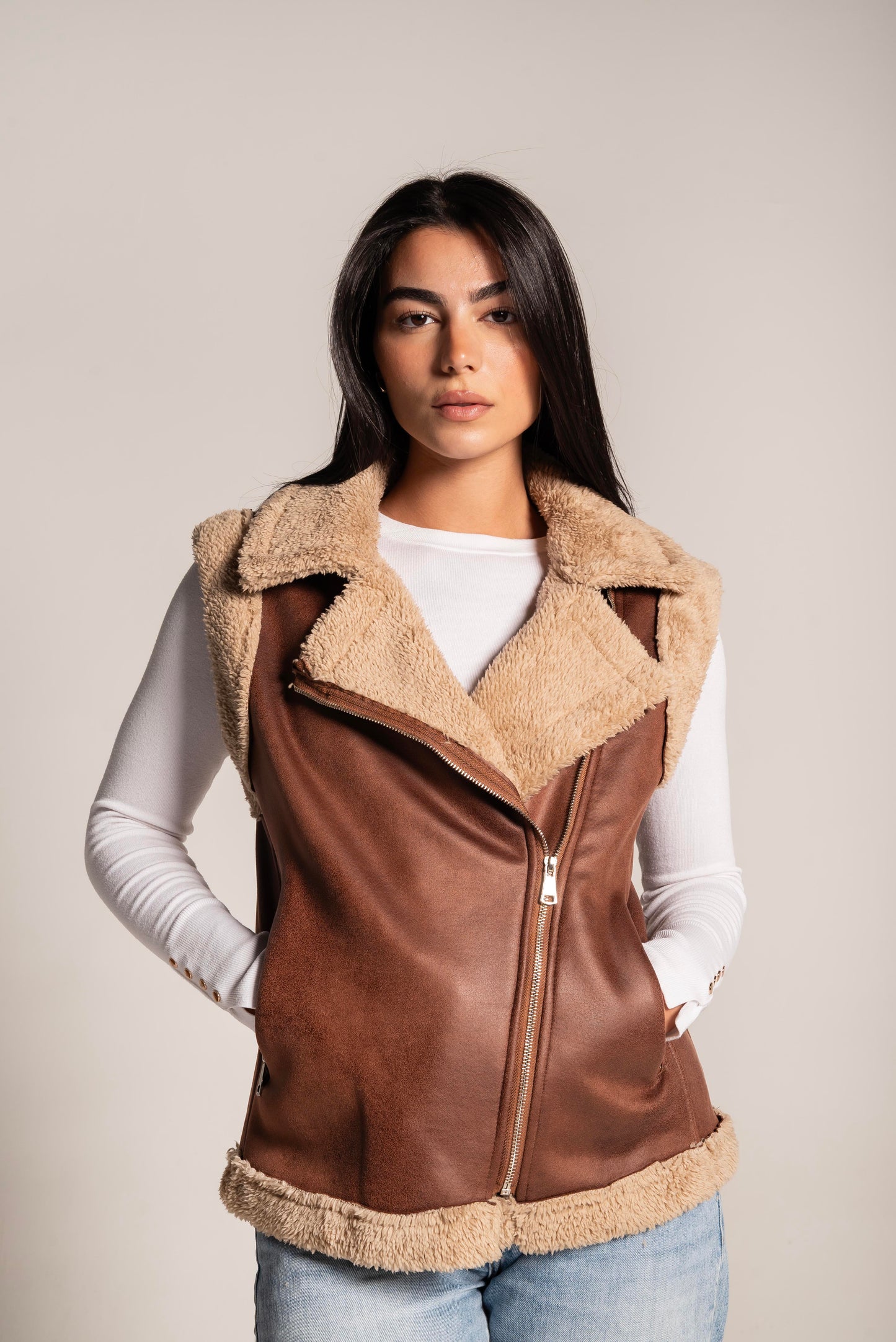 Faux Shearling Vest In Camel