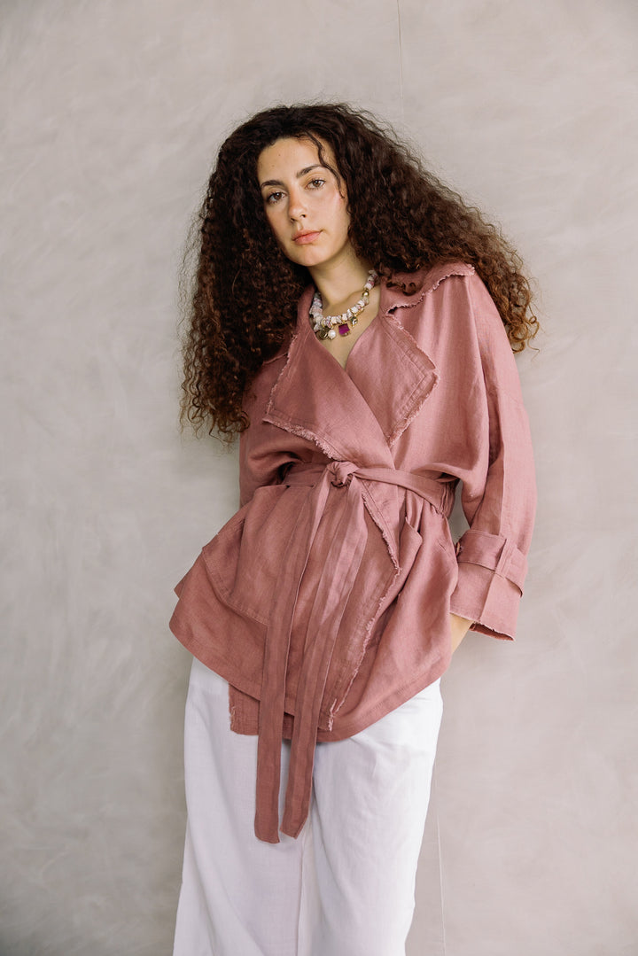 Raw linen cardigan in dusty rose