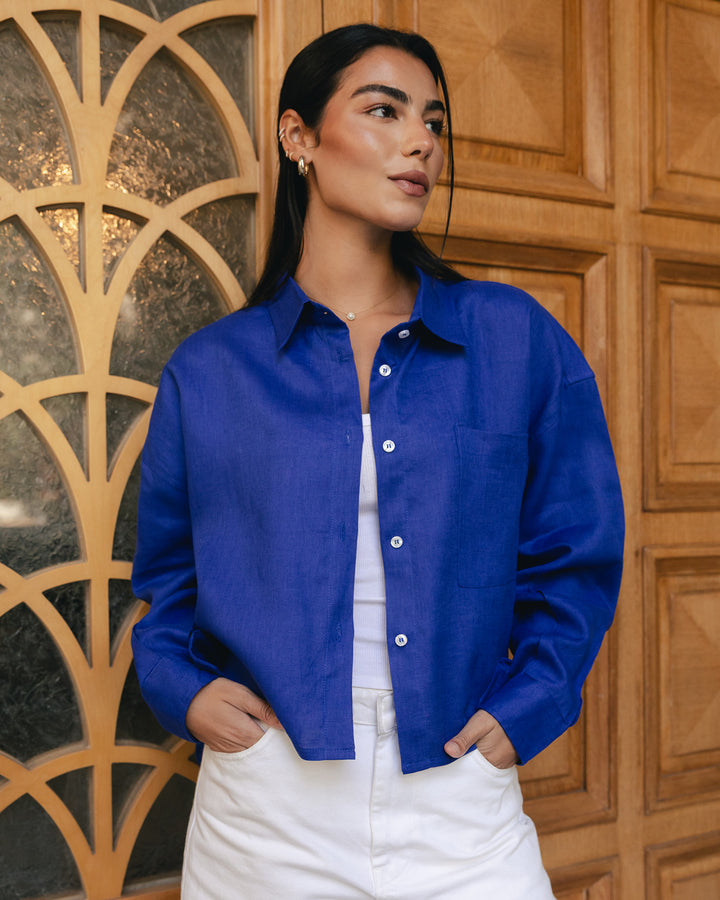Hi-low hem linen shirt in royal-blue