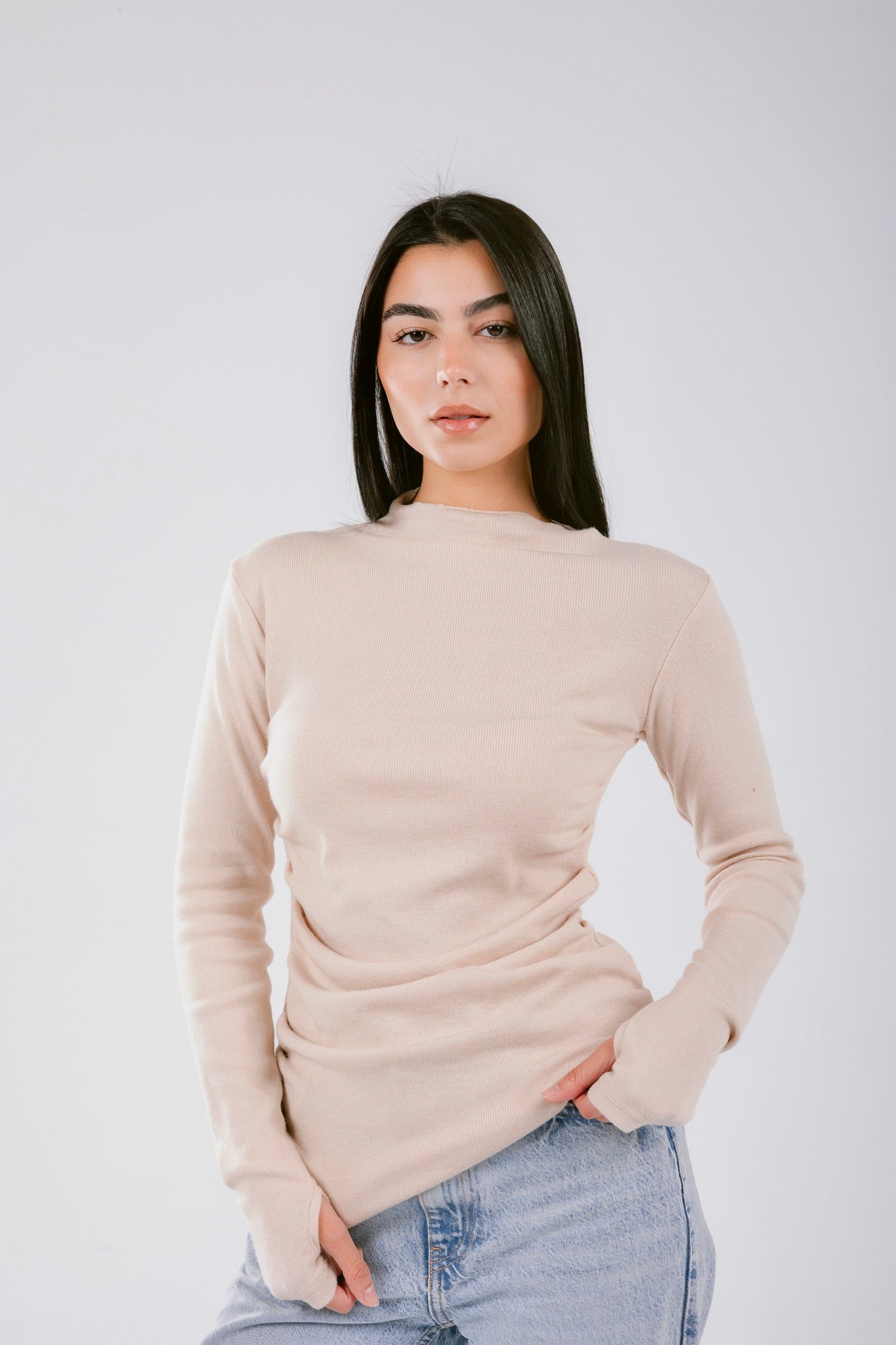 Light beige draped top