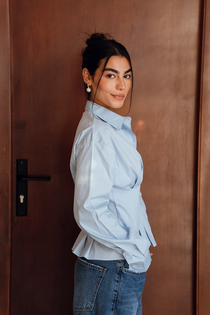Popline flare shirt in light-blue