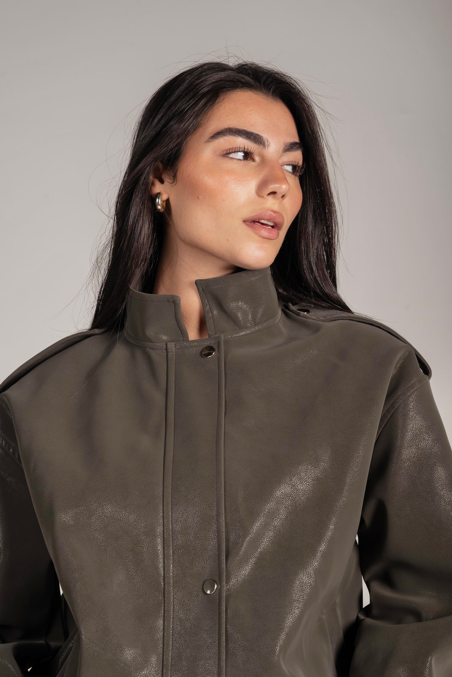 The Leather Bomber in Grey-Olive