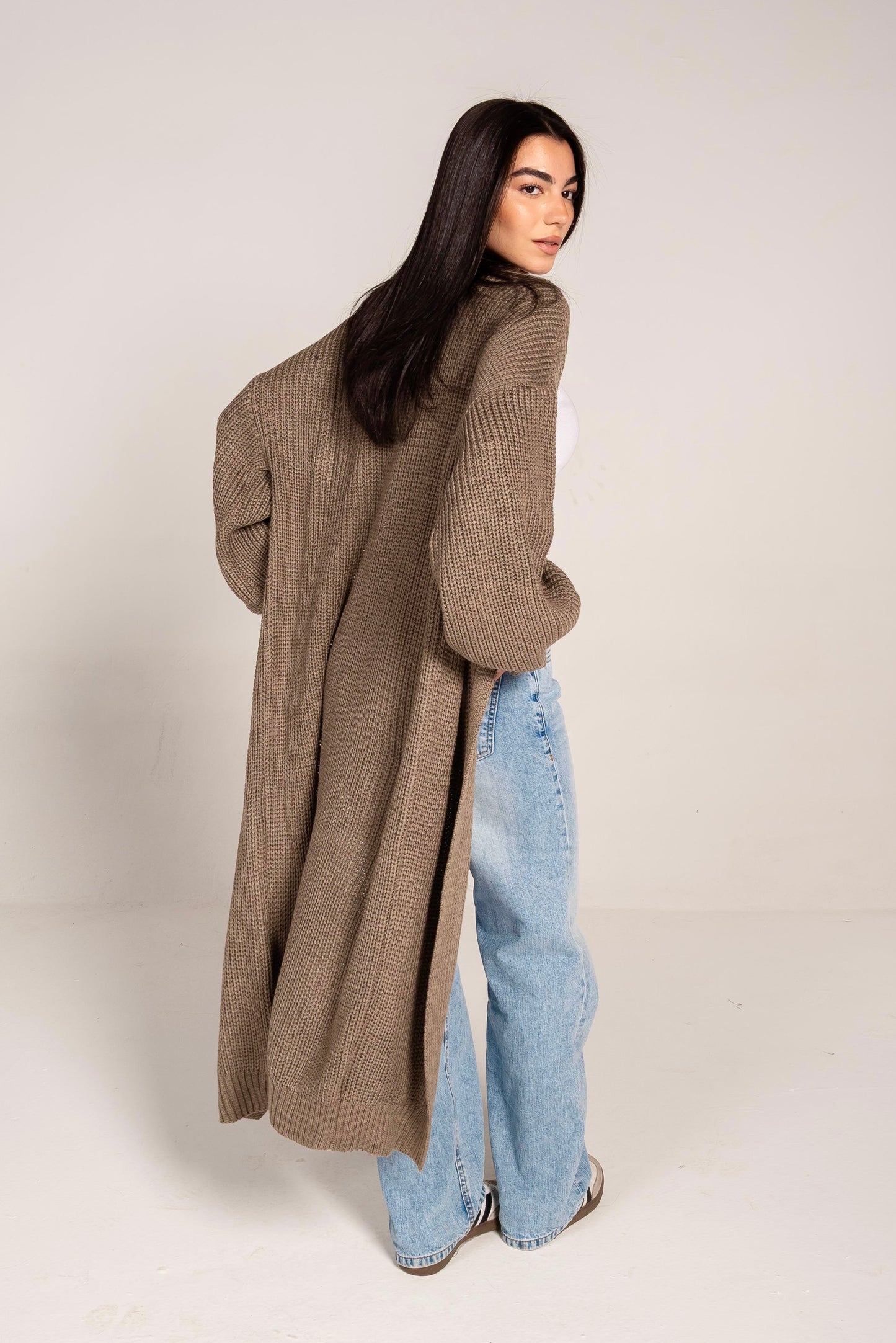 The Cozy Long Knit Cardigan in greige
