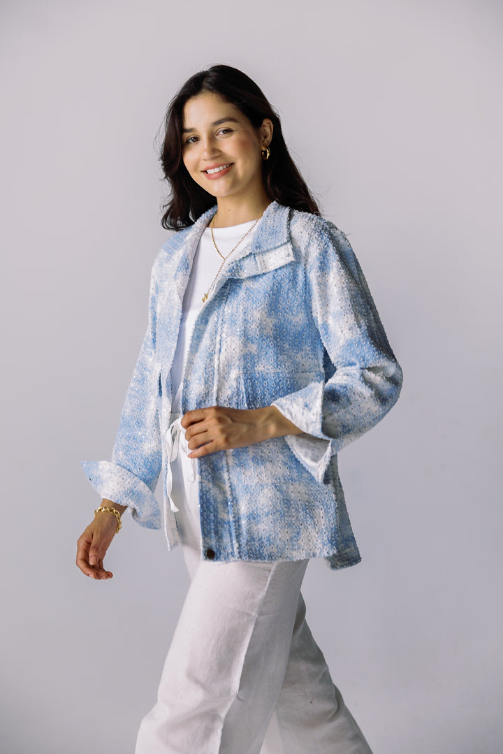 Tie-dye washed denim jacket in blue