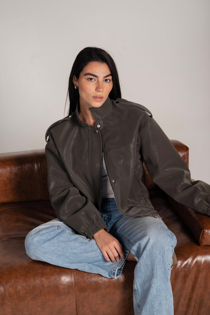 The Leather Bomber in Grey-Olive
