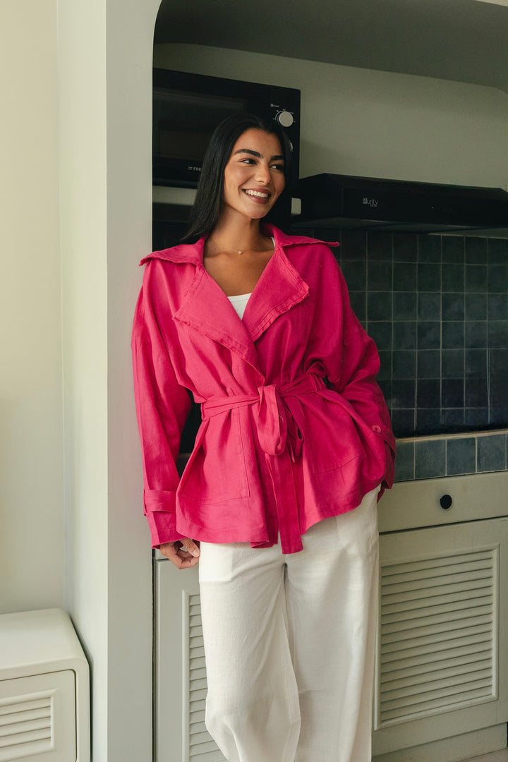 Raw linen cardigan in hot pink
