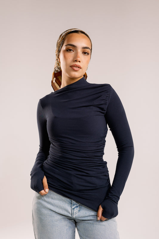 Draped top in navy blue