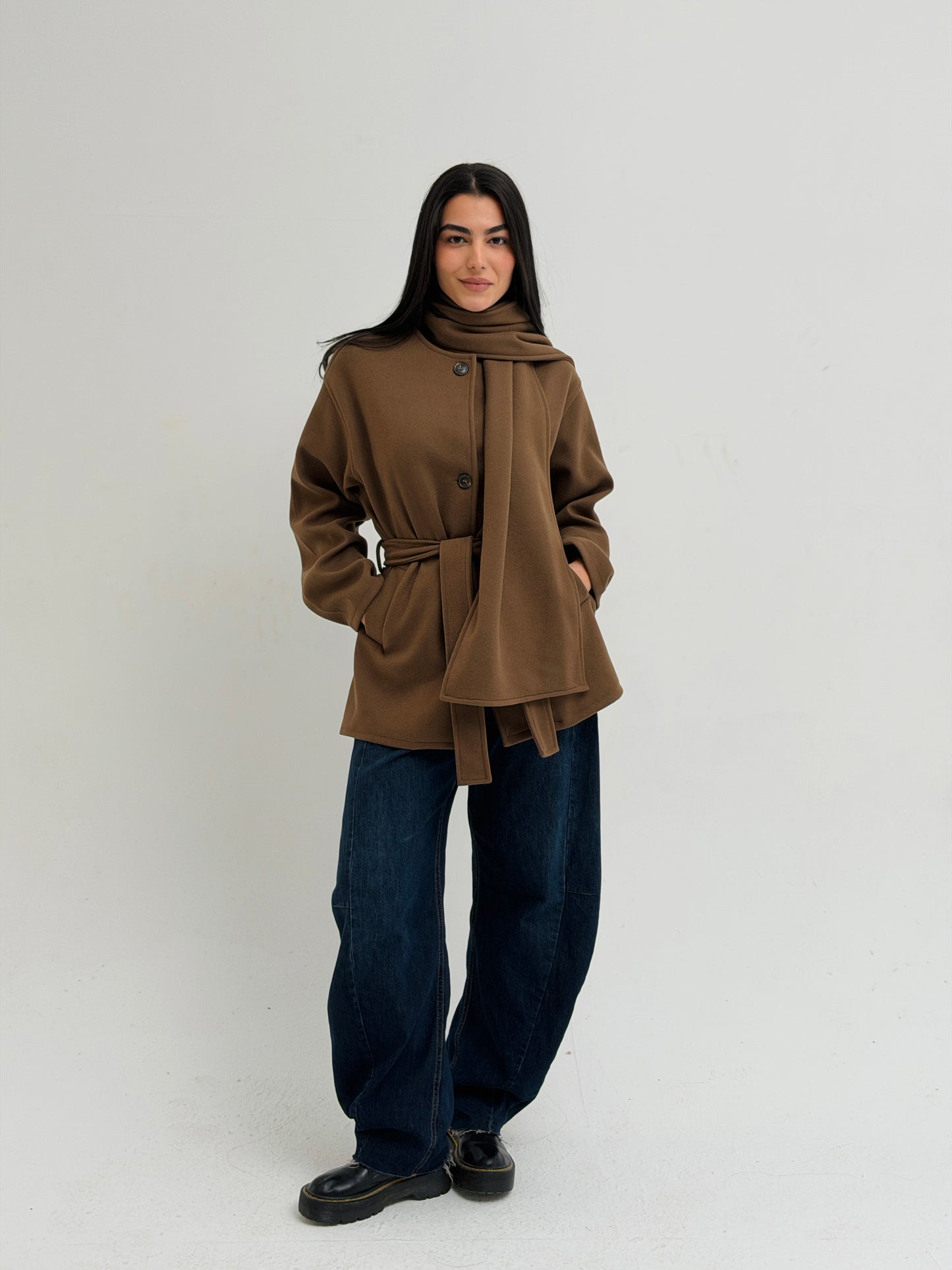 The shawl coat in brown