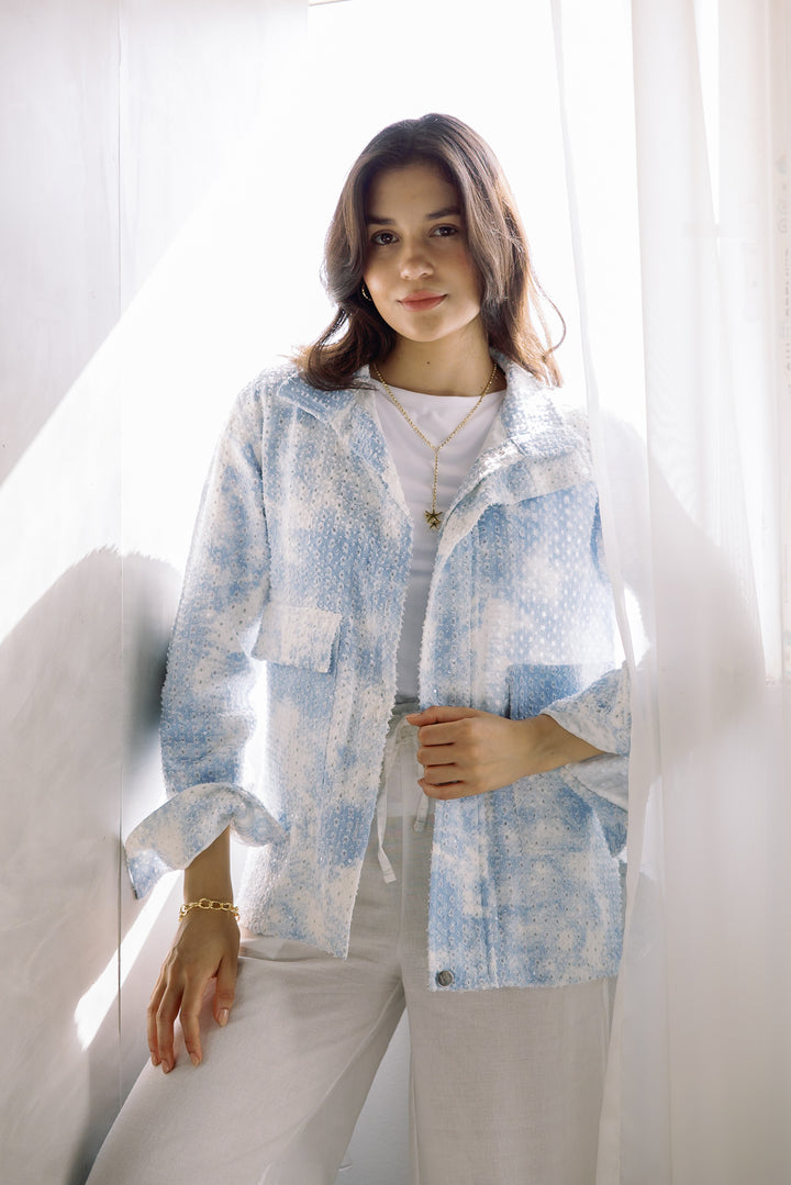 Tie-dye washed denim jacket in blue