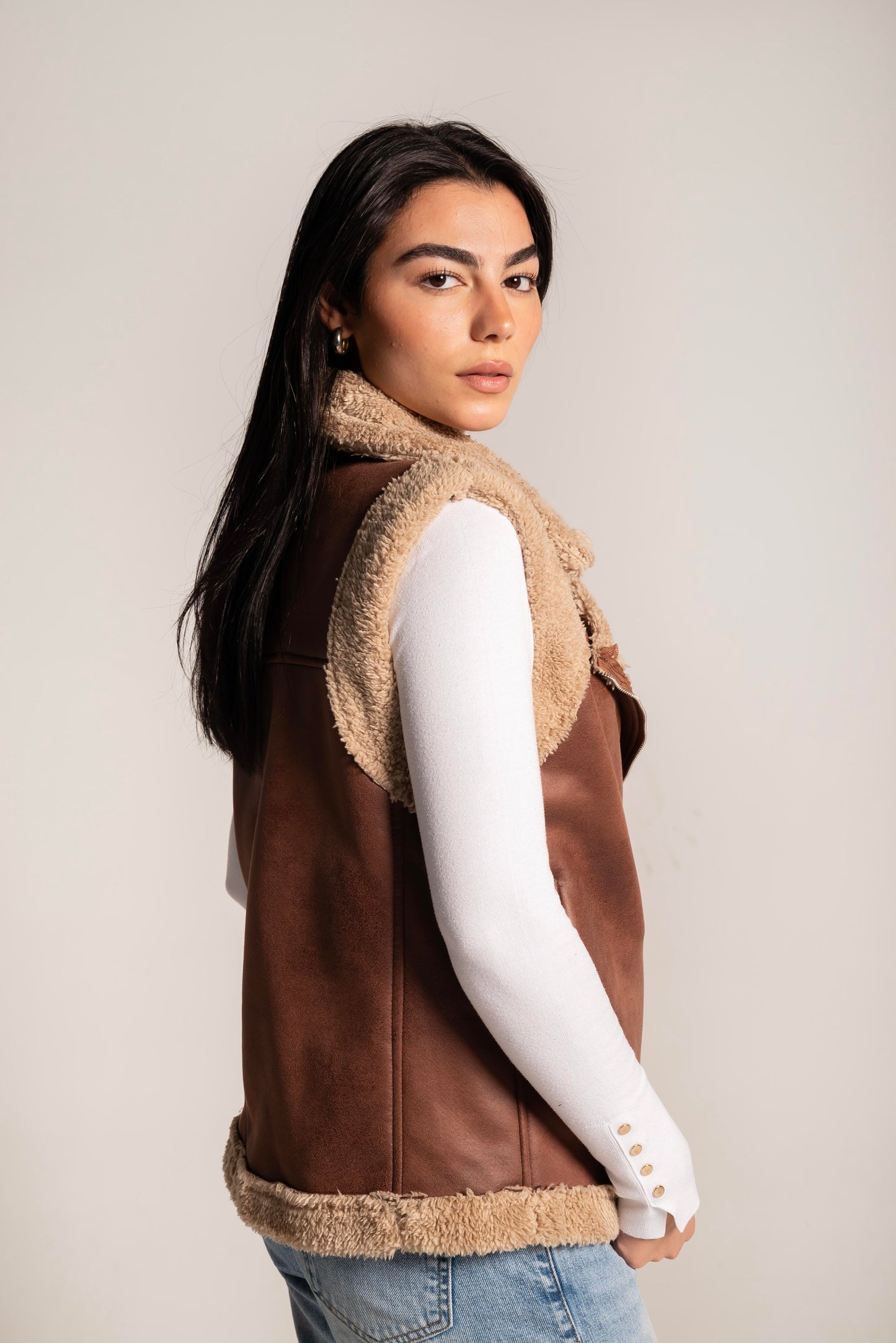 Faux Shearling Vest In Camel