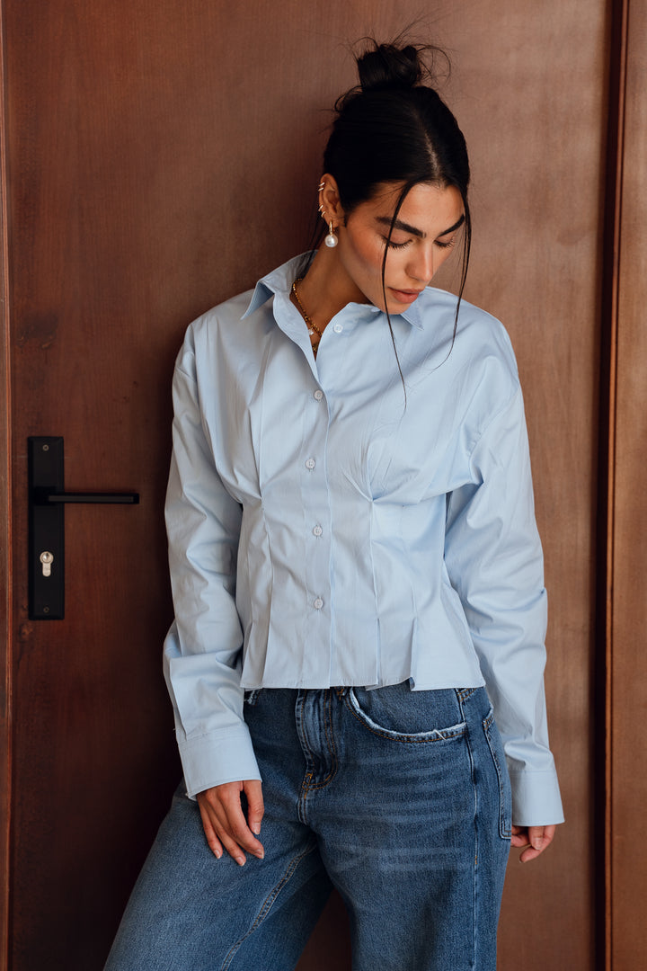 Popline flare shirt in light-blue