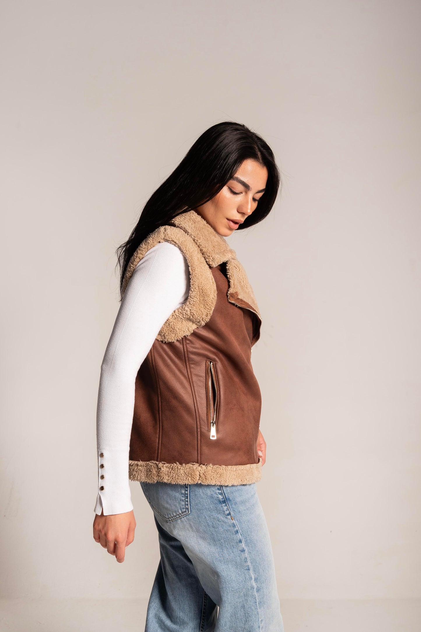 Faux Shearling Vest In Camel