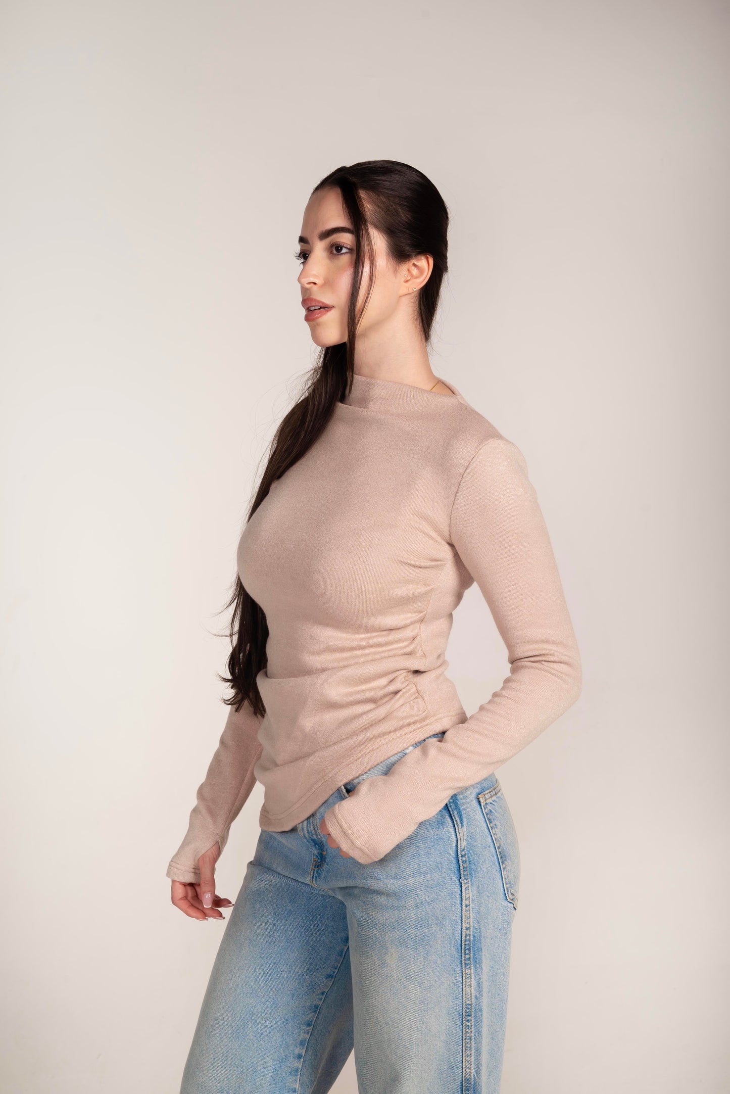 The Draped Soft Knit Top in beige