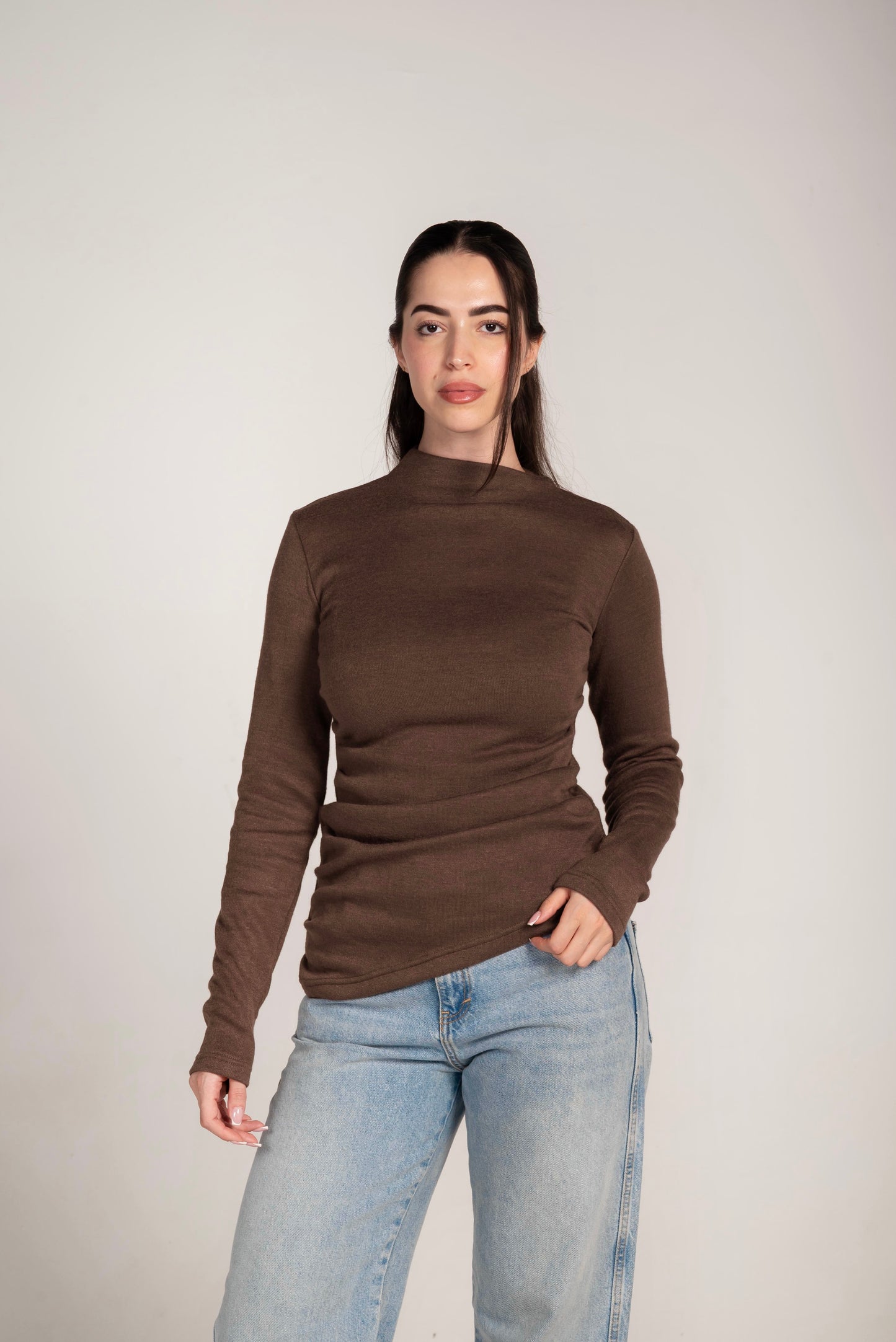 The Draped Soft Knit Top in Brown