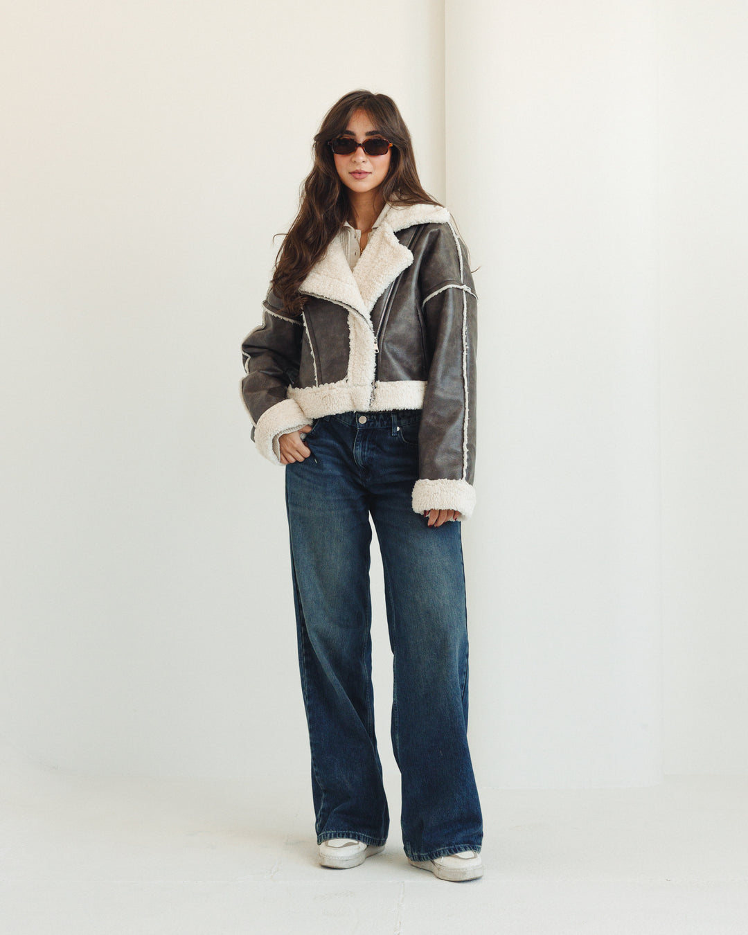 Cropped Shearling Leather Jacket in Greige