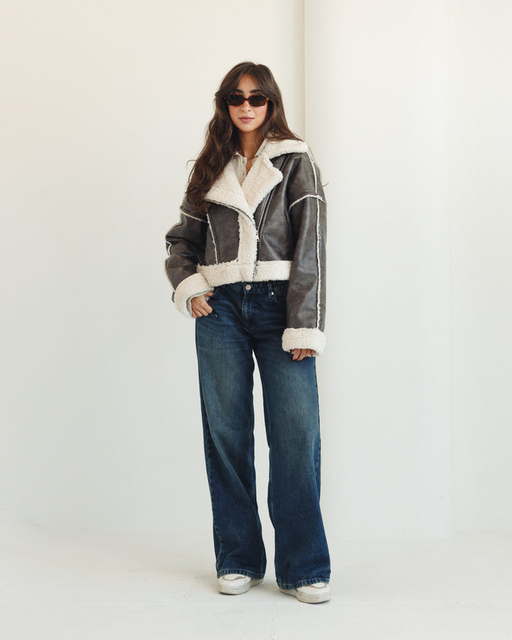 Cropped Shearling Leather Jacket in Greige