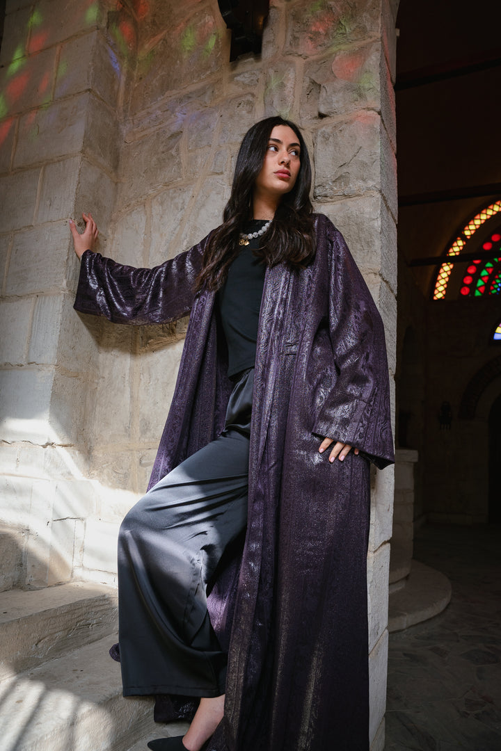 Textured Crepe Statement Cardigan in aubergine