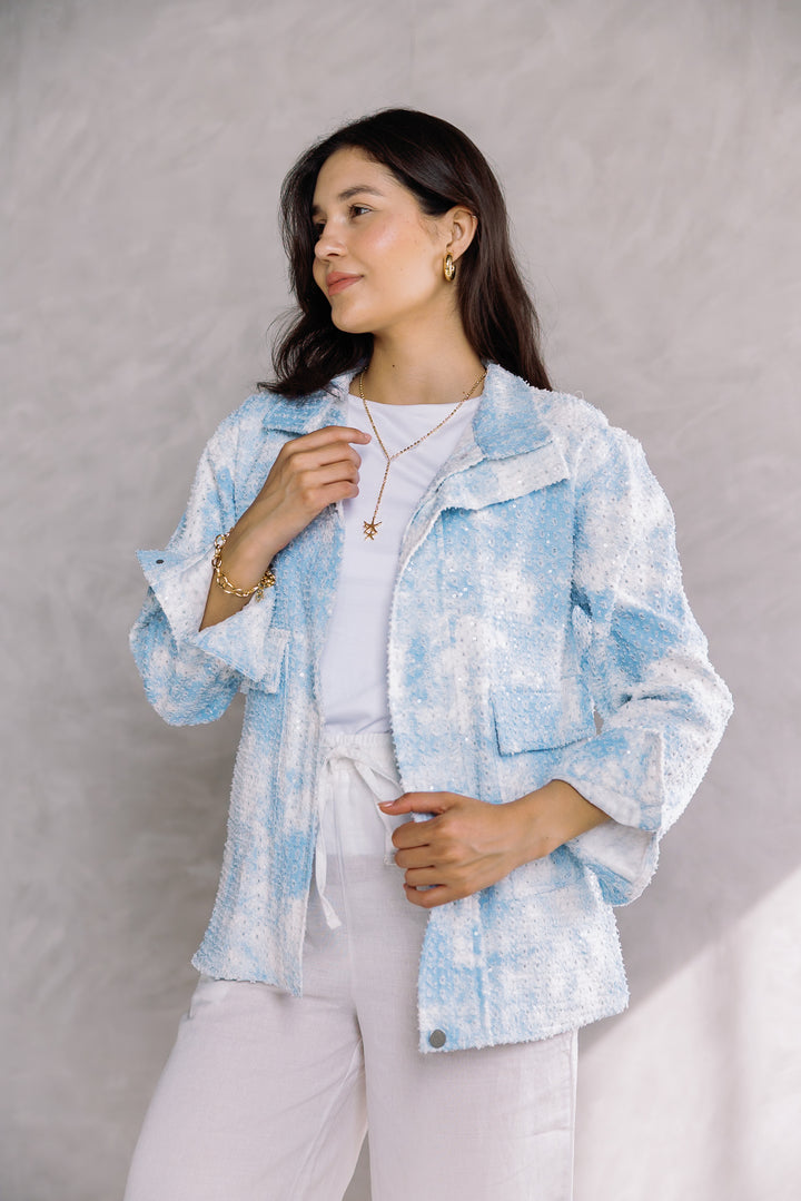 Tie-dye washed denim jacket in blue
