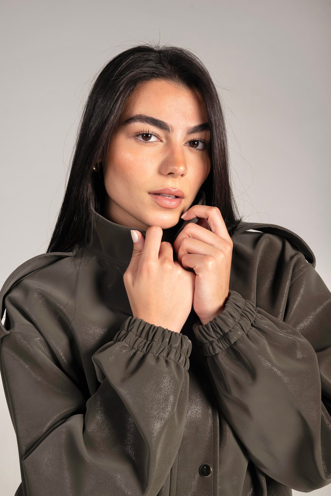 The Leather Bomber in Grey-Olive