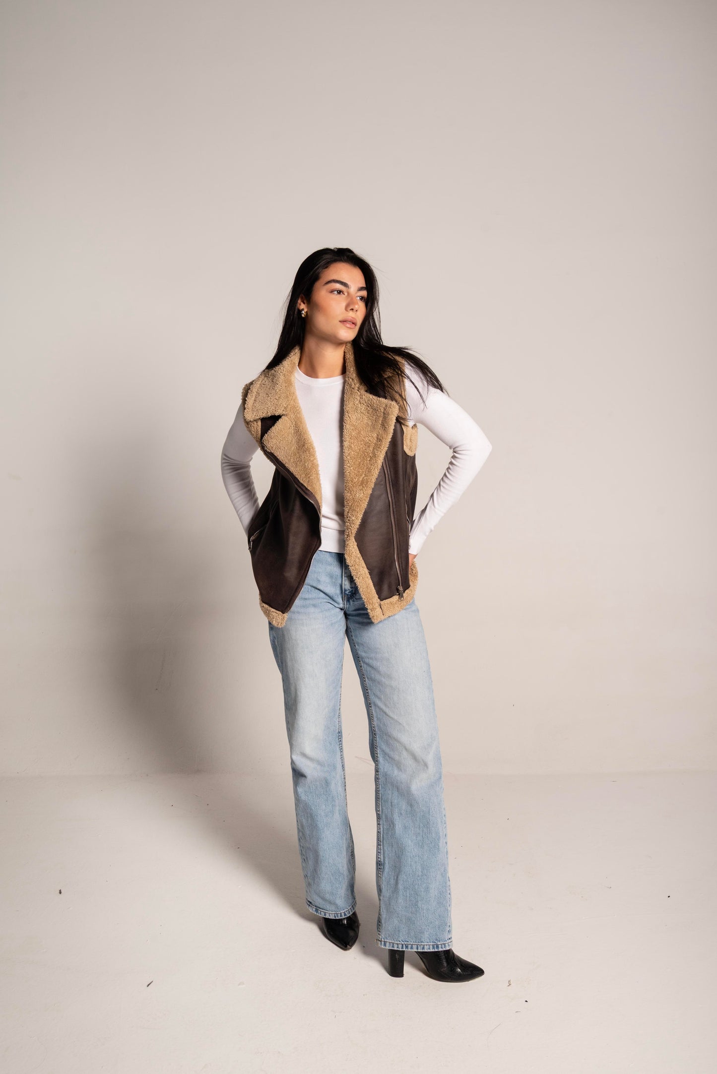 Faux Shearling Vest In Brown