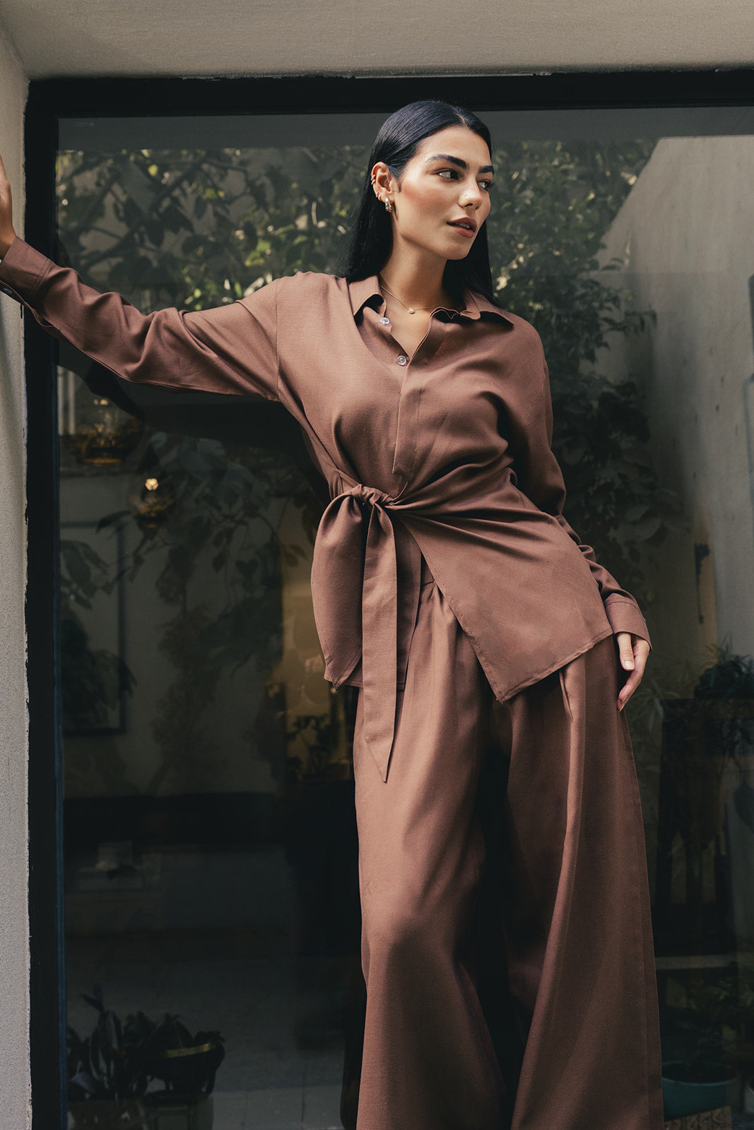 Duo linen set in caramel-brown