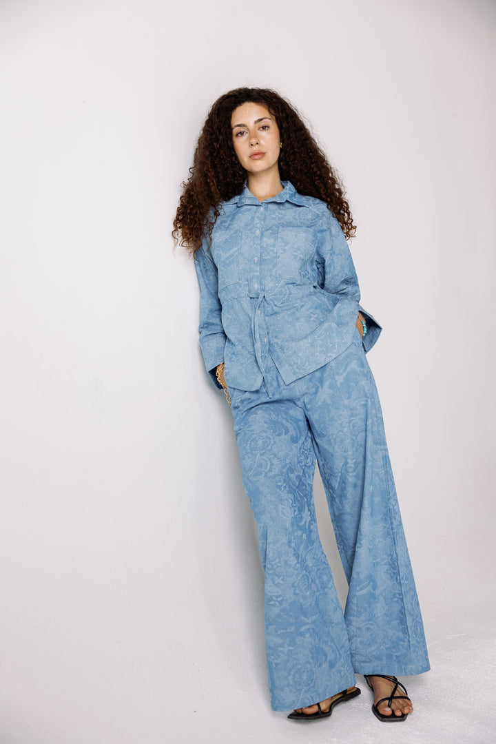 Studed denim set light blue