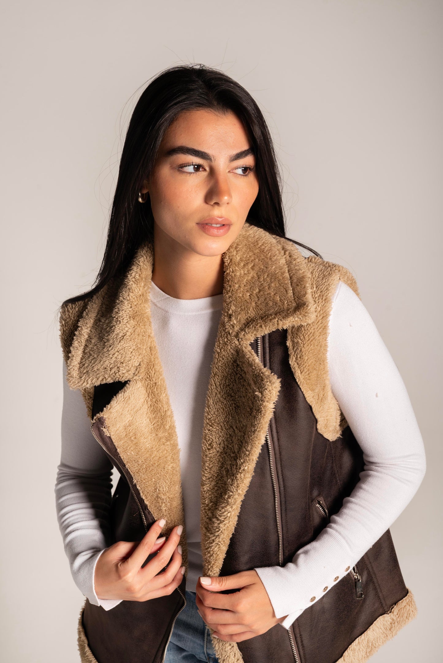 Faux Shearling Vest In Brown