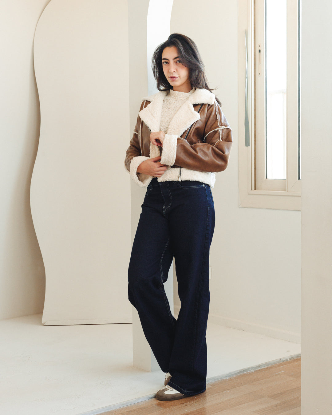 Cropped Shearling Leather Jacket in Brown