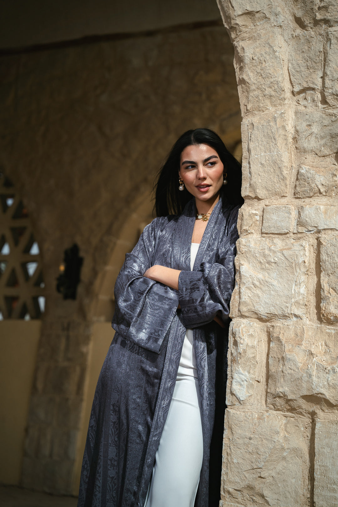 Emerald night cardigan in grey-olive