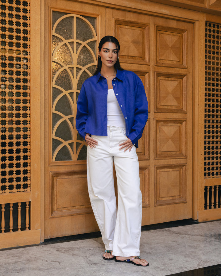 Hi-low hem linen shirt in royal-blue