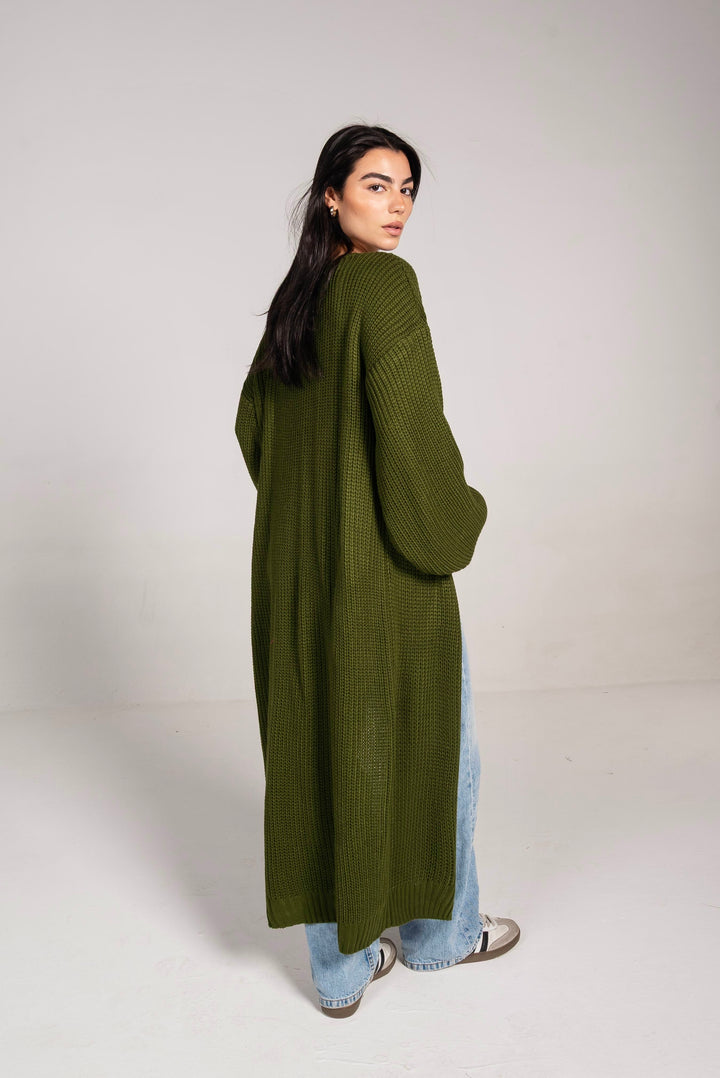 The Cozy Long Knit Cardigan in Olive