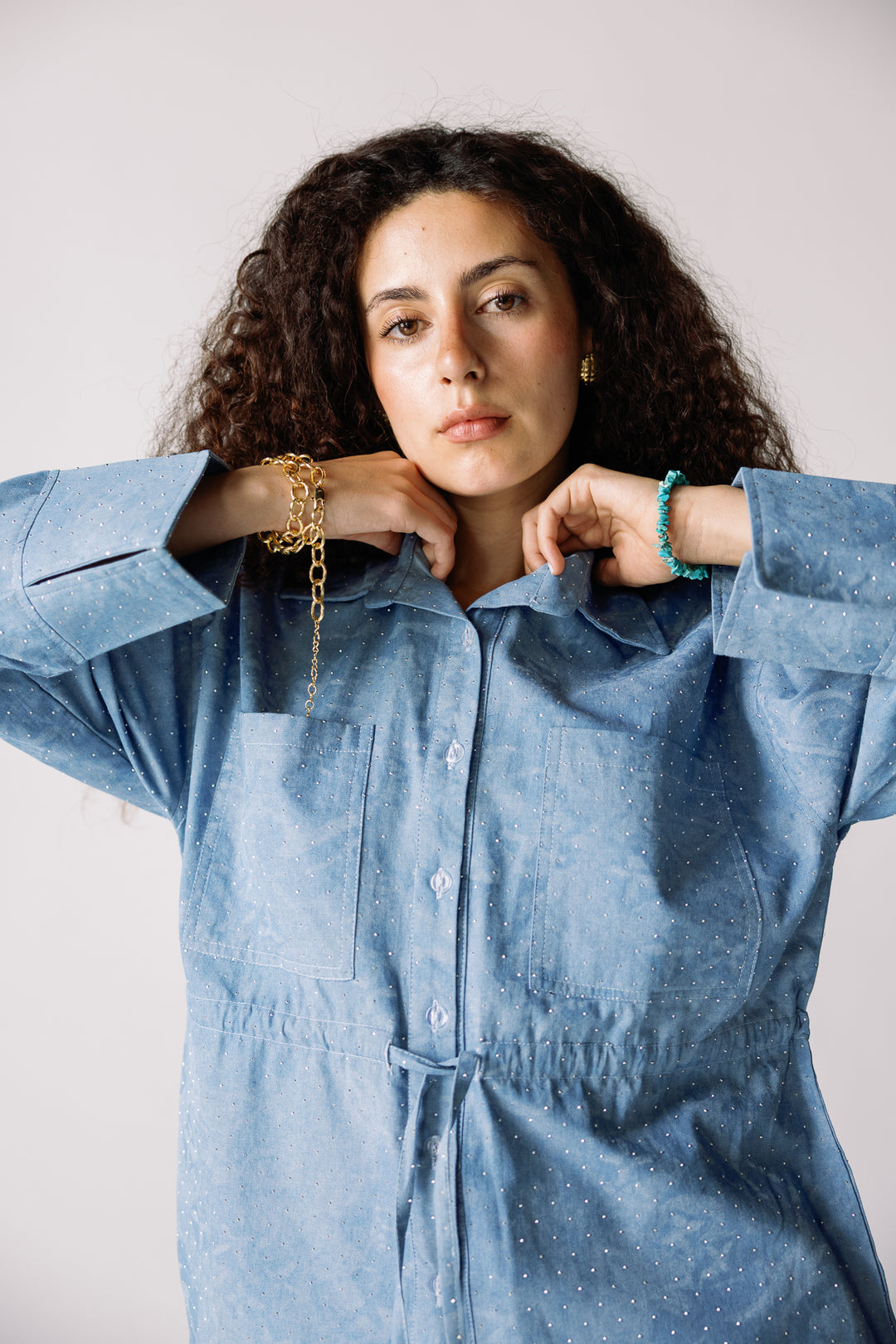 Studed denim set light blue