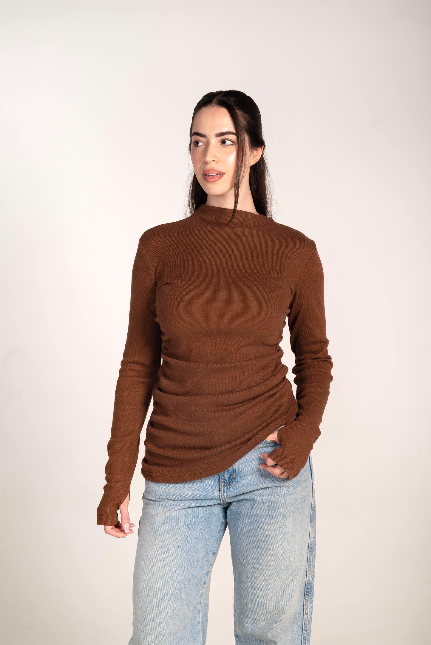 The Draped Soft Knit Top in Burnt-Brown