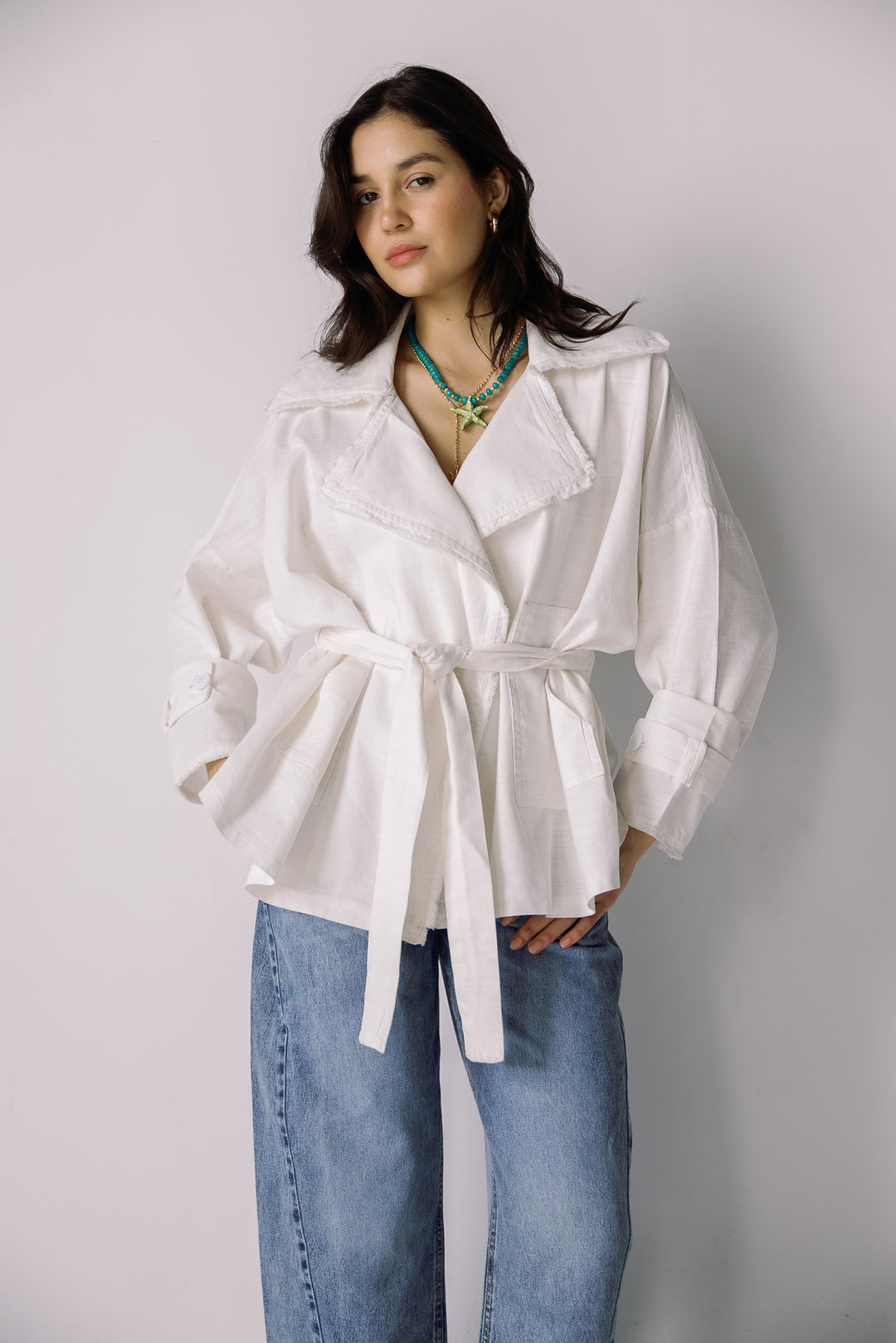 Raw linen cardigan in ivory