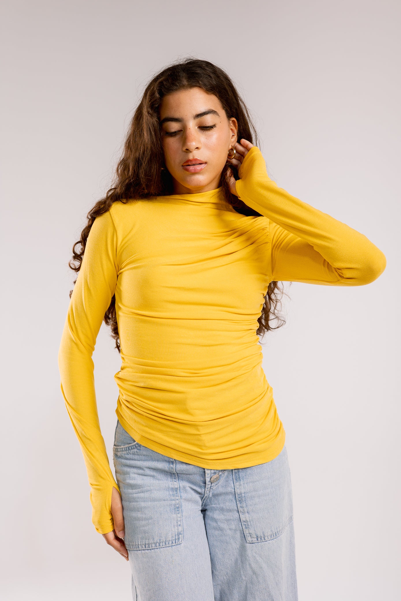 Draped top in mustard-yellow