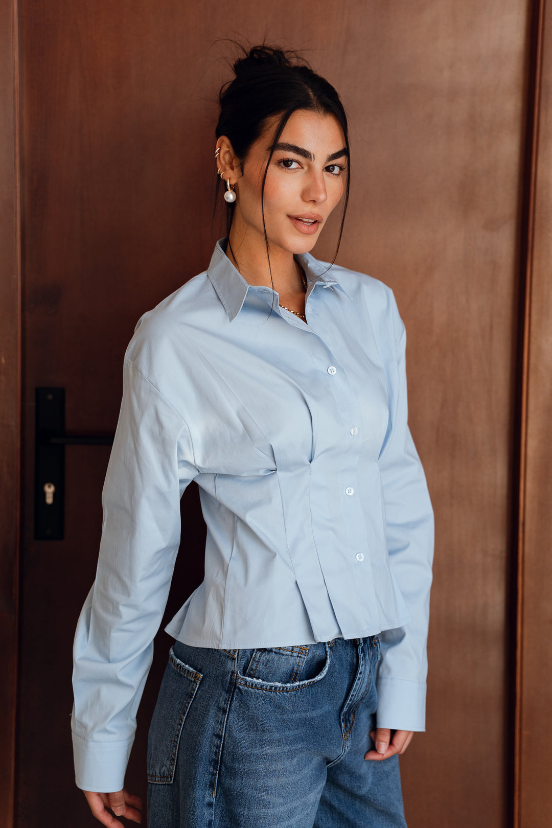 Popline flare shirt in light-blue